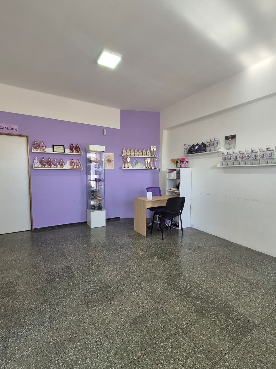 Recepción con escritorio, vitrina y los premios de la escuela